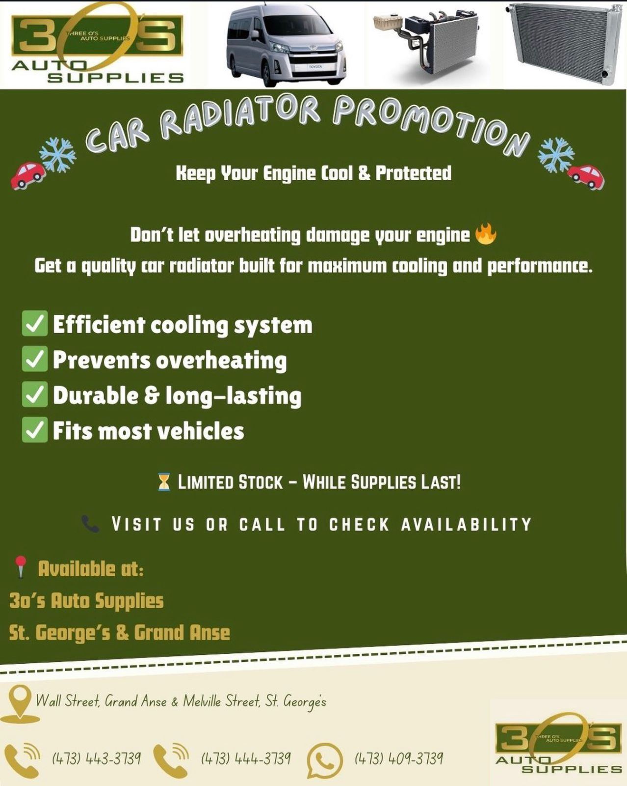 Car Radiator Promotion at Three O's Auto Supplies